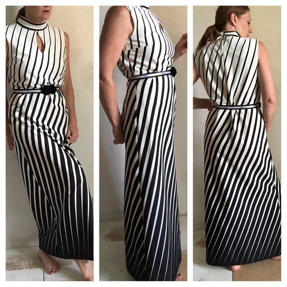 VTG 70’s Maxi Dress Ombré Striped Blk/Wht floor Size Large - Picture 2 of 3